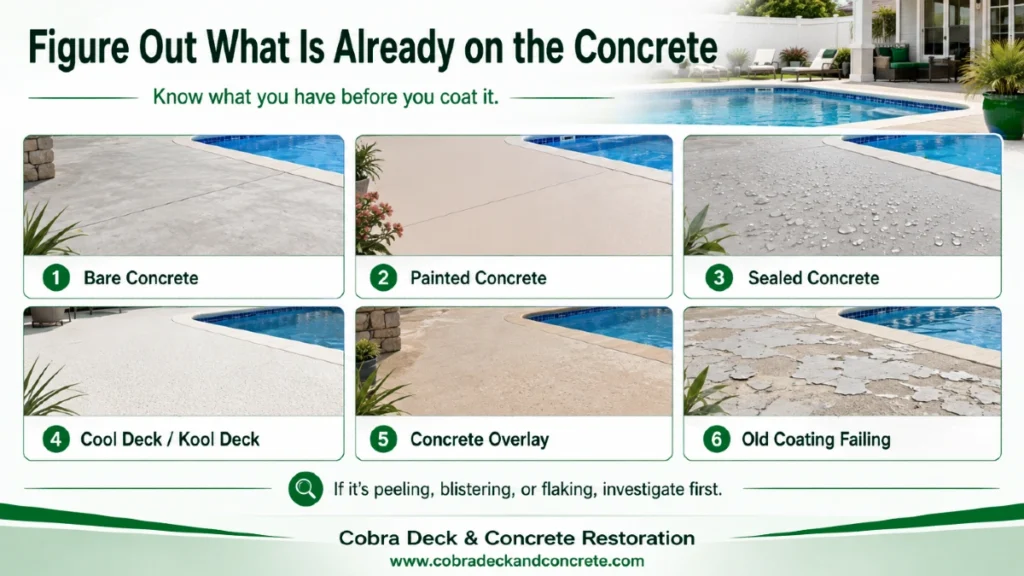 Horizontal Cobra Deck & Concrete Restoration infographic showing six pool deck surface conditions: bare concrete, painted concrete, sealed concrete with water beading, Cool Deck or Kool Deck, a concrete overlay, and an old coating that is peeling and failing. The graphic reads “Figure Out What Is Already on the Concrete” and includes www.cobradeckandconcrete.com.