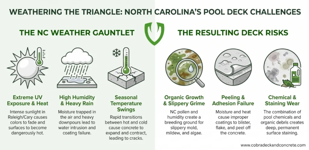 Infographic showing North Carolina Triangle pool deck challenges, including extreme UV and heat, heavy rain and humidity, temperature swings, mold and algae growth, peeling coatings, and chemical staining in Raleigh, Cary, Durham, and Morrisville.