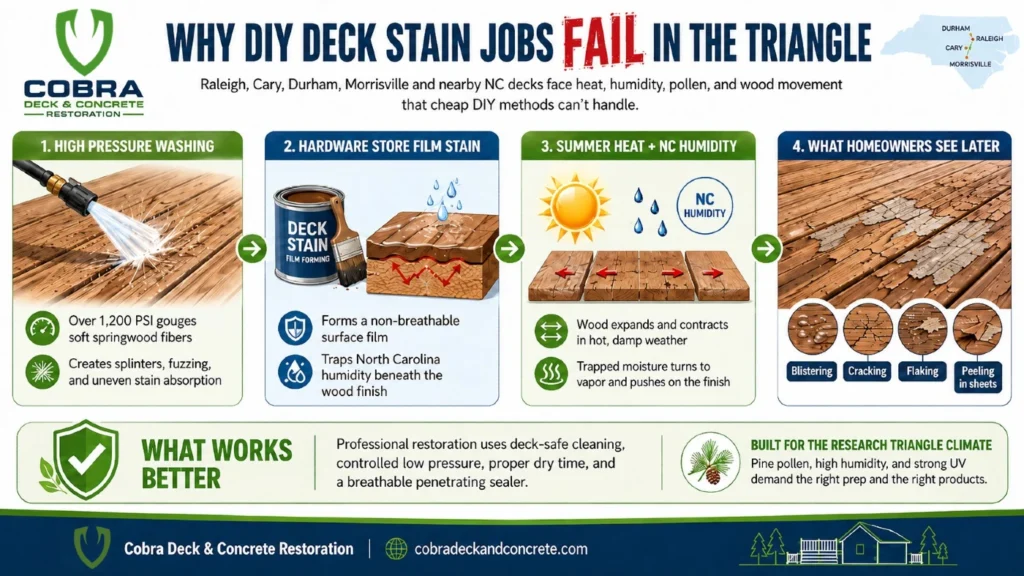 Cobra Deck & Concrete Restoration infographic titled “Why DIY Deck Stain Jobs Fail in the Triangle” showing how high pressure washing, hardware store film stain, and North Carolina heat and humidity lead to blistering, cracking, flaking, and peeling on decks in Raleigh, Cary, Durham, and Morrisville.