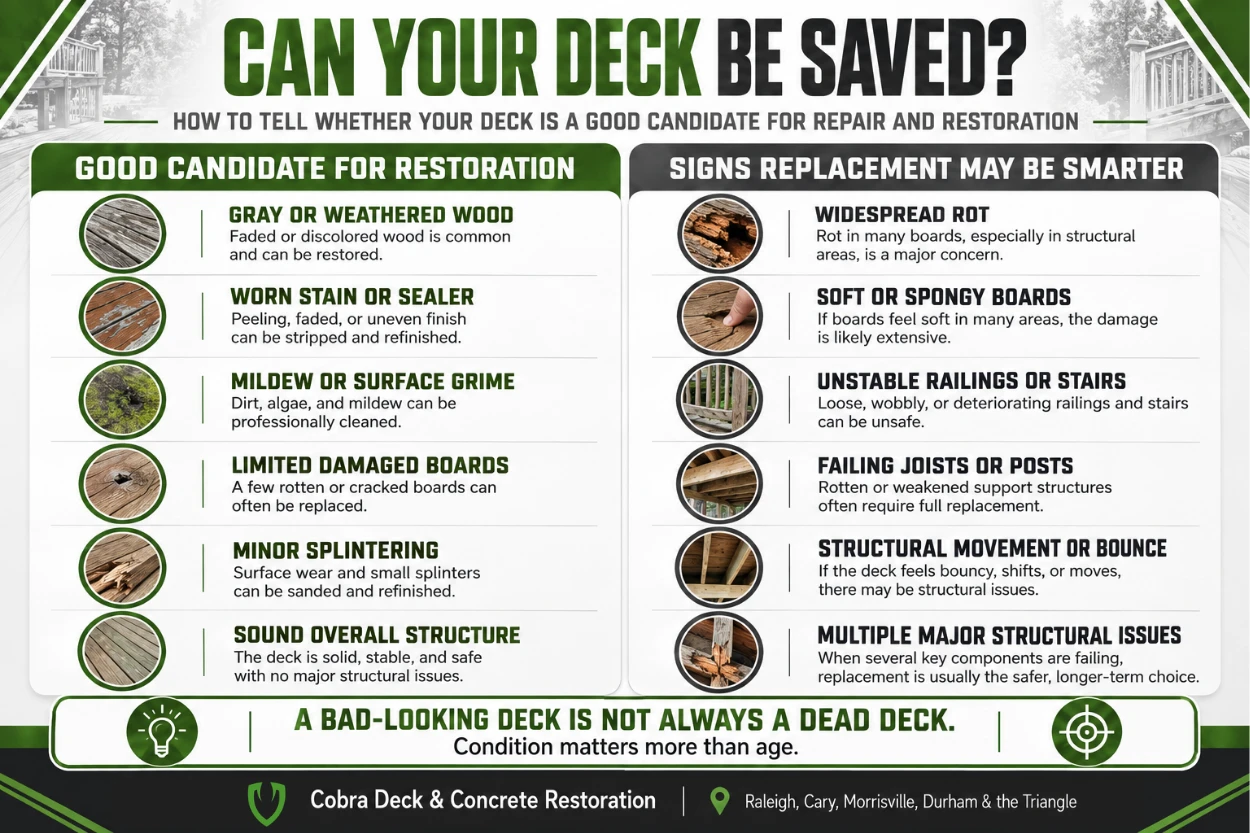 Infographic comparing signs a deck may be suitable for restoration with signs that replacement may be needed, including weathered wood, worn stain, rot, soft boards, unstable railings, and structural damage.