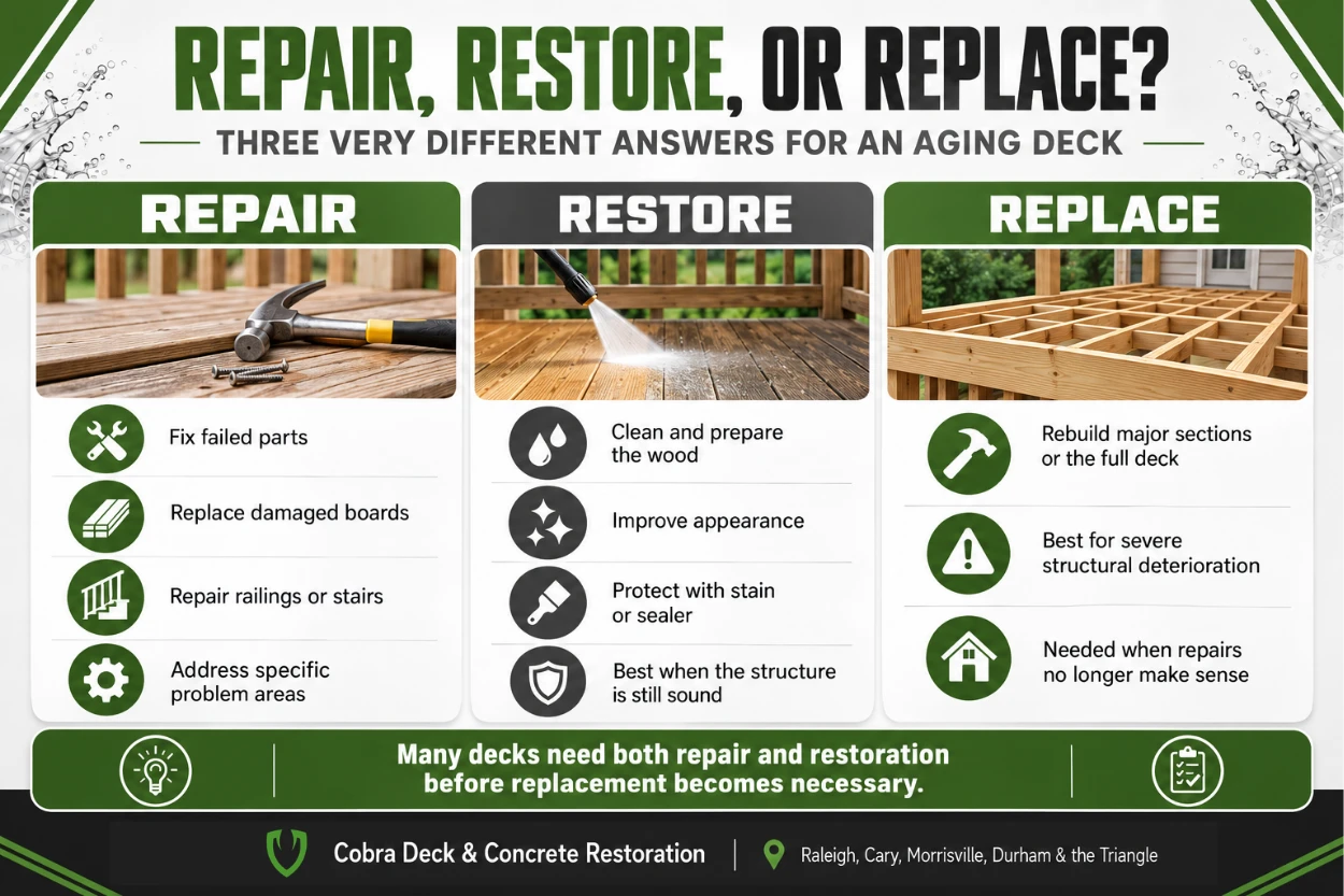 Three column infographic comparing deck repair, deck restoration, and deck replacement with examples of when each approach may be appropriate.