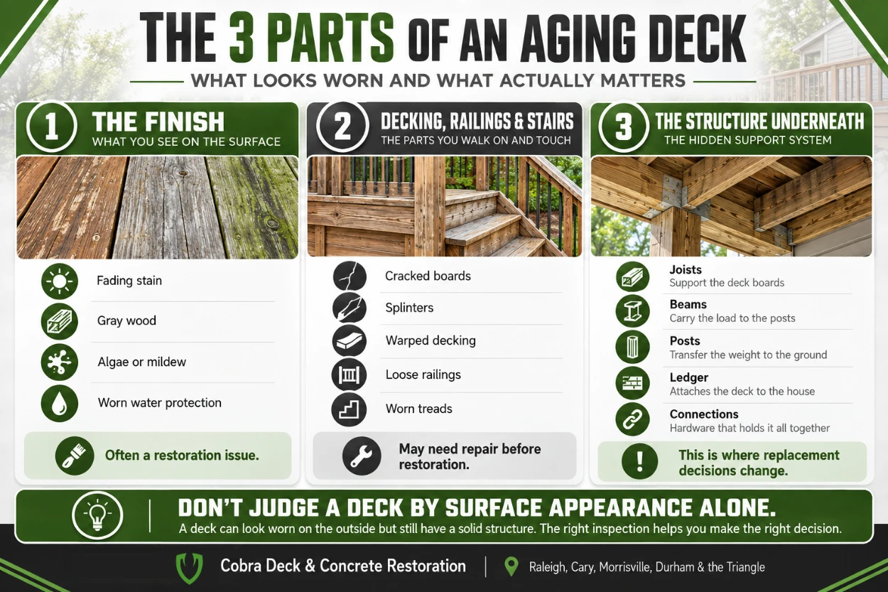 Infographic breaking an aging deck into three areas: the surface finish, decking railings and stairs, and the structural supports underneath.