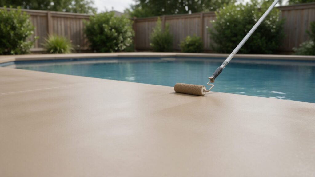 Applying concrete pool deck paint to a residential pool deck