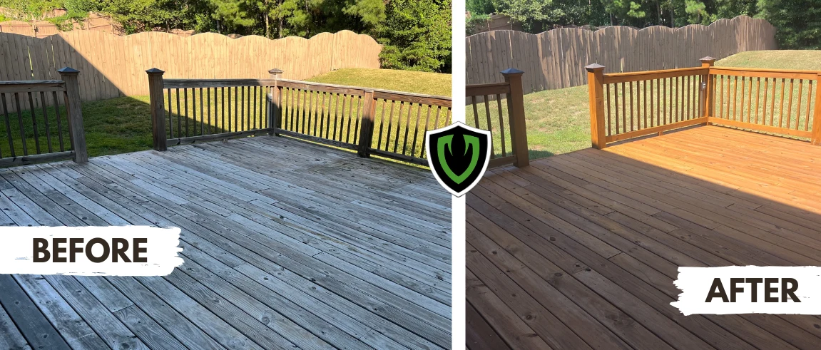 Side-by-side comparison of a outdoor wooden deck: the left side shows weathered, grayed, and stained wood before restoration; the right side shows the same deck fully restored, cleaned, and stained with a warm, rich wood finish.