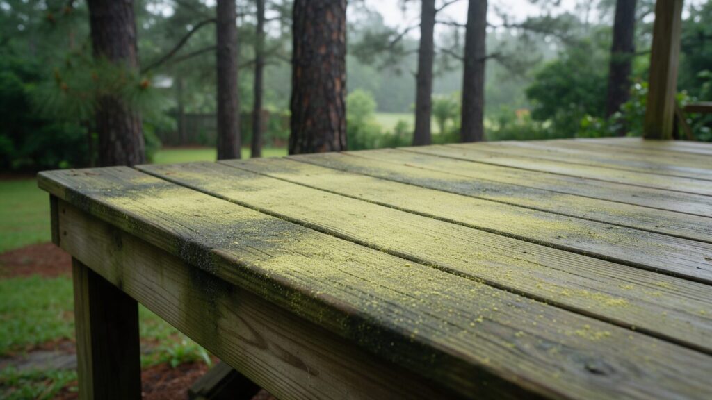 Wooden deck covered in pine pollen and mildew in the North Carolina Research Triangle